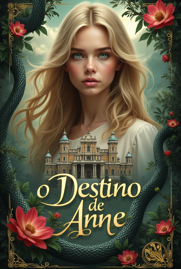 create the cover for my book Anne&#39;s Fate for me, My author name is Kelly Ramos, put flowers, palace and serpent, Anne is blonde with green eyes, wavyhair. Put the title in Portuguese. 