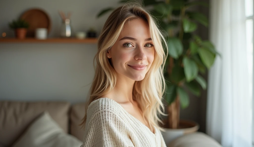 create an influencer at 3,(((hair blonde,Scandinavian,light green eyes,light brown skin,)))dappled,girl next door,Natural Photos, (((spontaneous photo,55 mm lens,)))permissive,in house, Background also sharp,(((smiling))), Further away from the camera ,natural posture, Don't look at the camera, (((The whole body should be visible, she is on her side standing sideways position )))