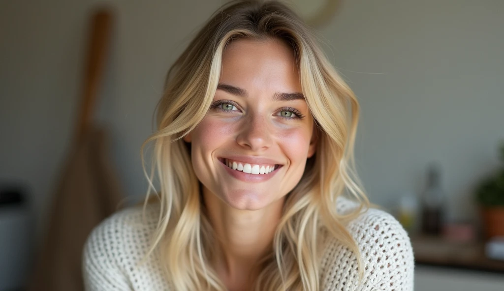 create an influencer at 3,(((hair blonde,Scandinavian,light green eyes,light brown skin,)))dappled,girl next door,Natural Photos, (((spontaneous photo,55 mm lens,)))permissive,in house, Background also sharp,(((smiling))), Further away from the camera ,natural posture, Don't look at the camera, (((The whole body should be visible, she is on her side standing sideways position )))