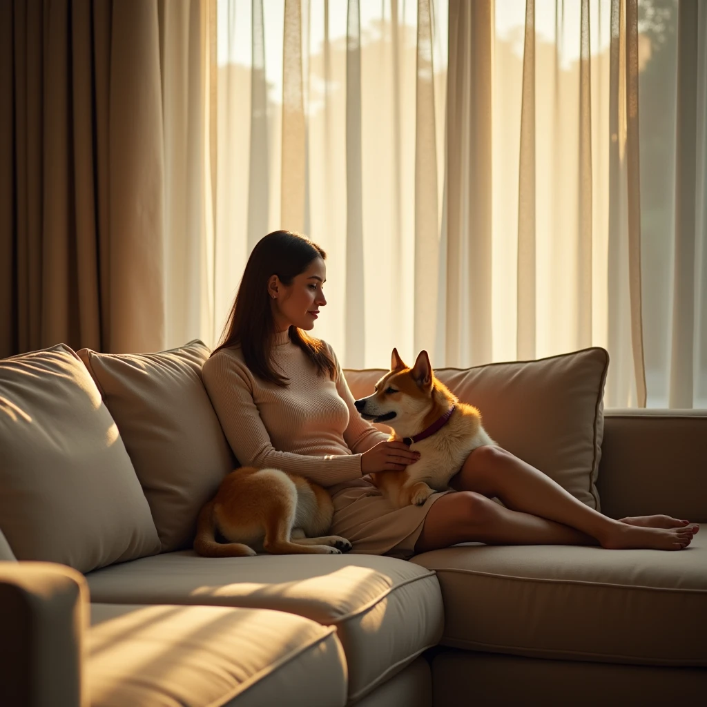 Premium, cozy, and minimalistic image of a sophisticated Brazilian woman sitting on a modern, minimalist sofa in her living room, with her Shiba Inu dog lying contentedly beside her. The room is elegantly designed with clean lines and neutral tones, reflecting the Yomi brand’s commitment to simplicity and sophistication. Soft, golden light from the late afternoon streams in through a large window, casting a warm, inviting glow over the scene. The image is captured at eye level with a Canon EOS R5 and a 50mm f/1.2 lens, focusing on the serene interaction between the woman and her dog. The shallow depth of field subtly blurs the background, emphasizing the peaceful ambiance of the home. The overall tone is warm, with soft shadows and a luxurious contrast, highlighting the textures of the sofa and the softness of the dog’s fur, creating an intimate, emotionally resonant visual that embodies the premium, caring identity of Yomi Pet Shop and Care.