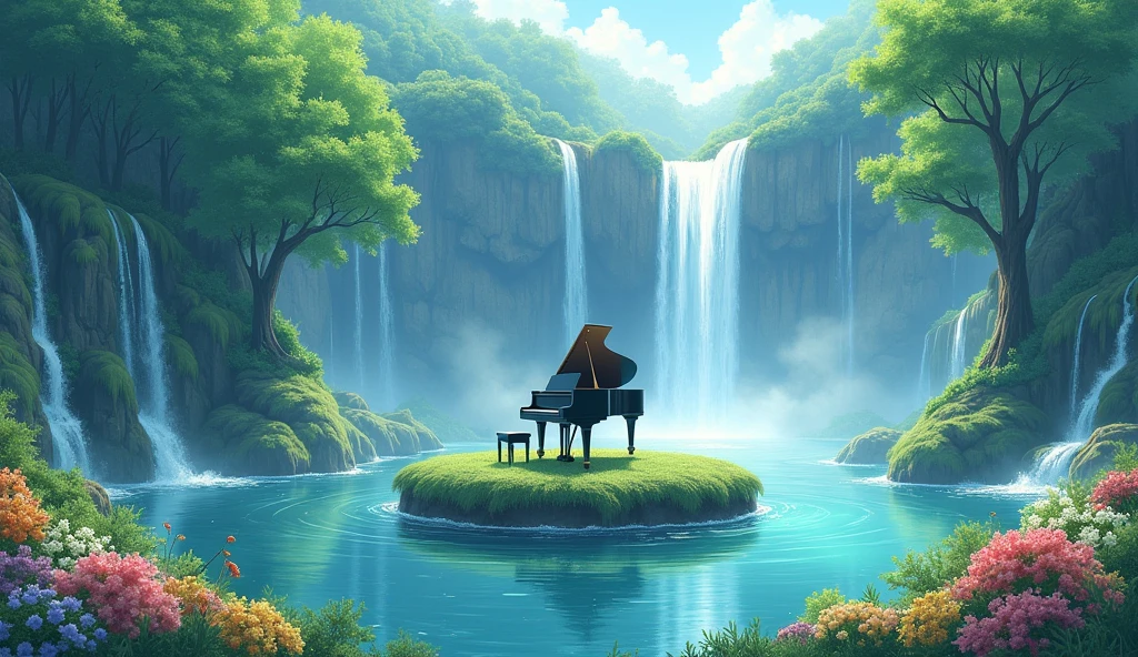 This image is、I draw tranquil natural scenery.。In the center is a grand piano placed on the island.、A waterfall cascades in the background.、Lush tree々It is surrounded by。In the foreground there are colorful flowers、The soft light of early morning or evening envelops the whole.。This scene、It creates a peaceful and magical atmosphere.。Fantastic watercolor style。Makoto Shinkai-style anime。Green foliage tree