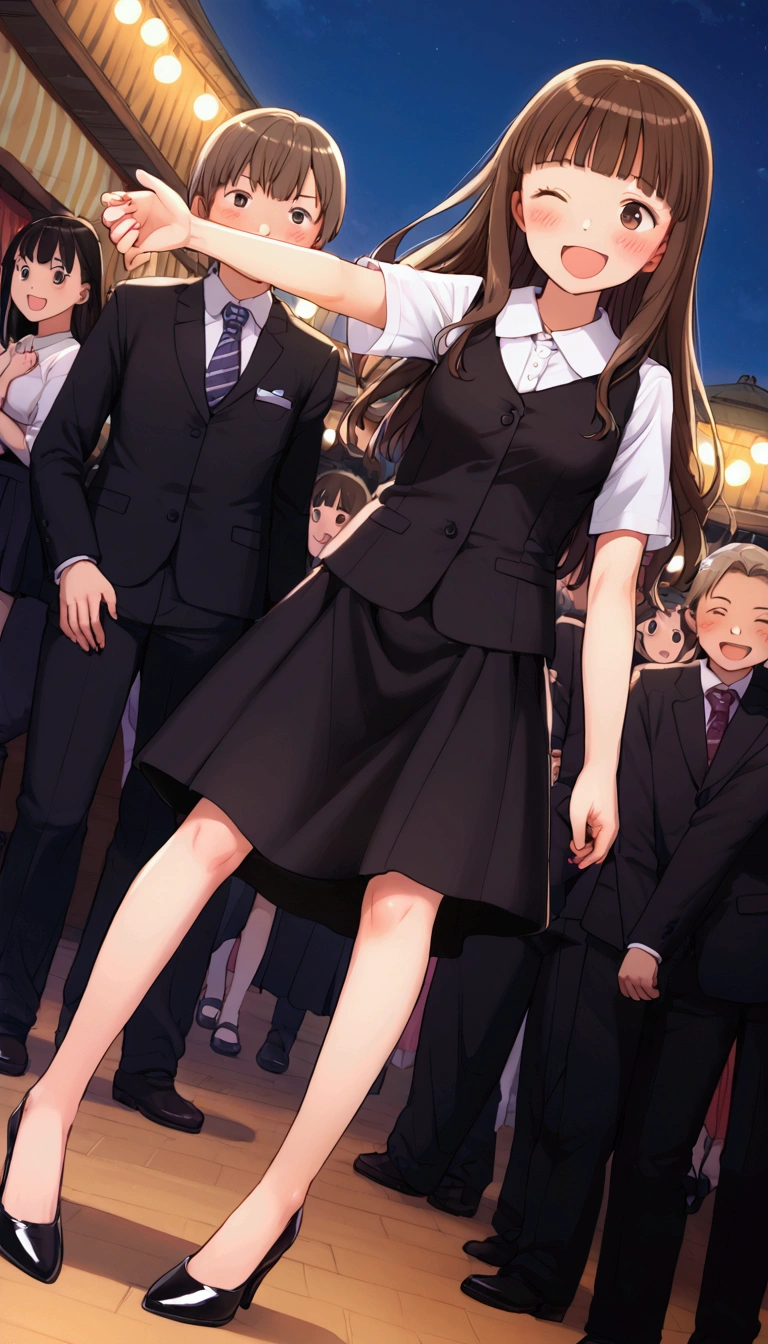 {Highest quality}, {so beautiful},{Ultra-fine},{Best illustrations},Brown Hair,Hime cut,Long Hair,Braiding,One Woman,Standing woman,Strike a Pose,Adult female,smile,Excited face,Wink,OL,suit,White Shirt,Short sleeve,Black straight long skirt,Night Festival,blush,thin,Black stiletto heels,From an angle,From behind,Woman with legs closed,Wave with one hand
