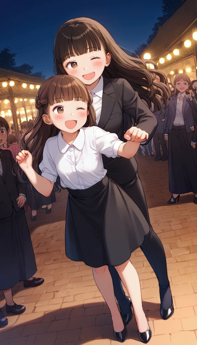 {Highest quality}, {so beautiful},{Ultra-fine},{Best illustrations},Brown Hair,Hime cut,Long Hair,Braiding,One Woman,Standing woman,Strike a Pose,Adult female,smile,Excited face,Wink,OL,suit,White Shirt,Short sleeve,Black straight long skirt,Night Festival,blush,thin,Black stiletto heels,From an angle,From behind,Woman with legs closed,Wave with one hand