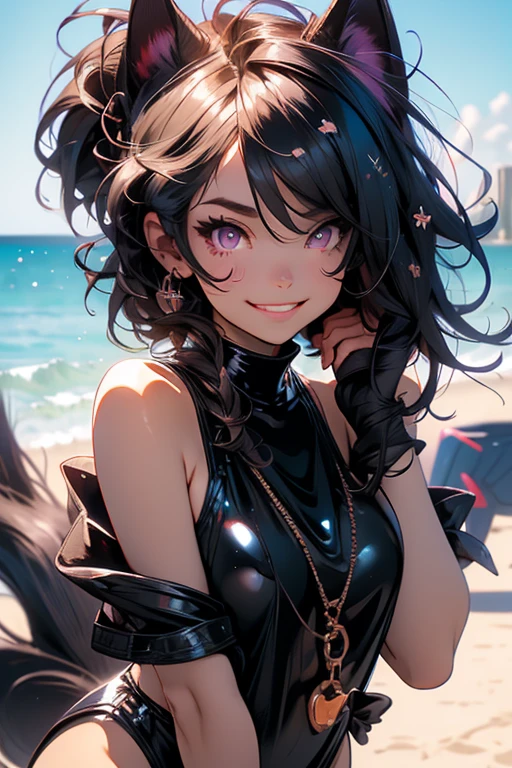 Perfect face. Perfect hands. A black haired woman with violet eyes and black fox ears and a black fox tail in a cute one-piece swimsuit is smiling while leaning forward at the beach