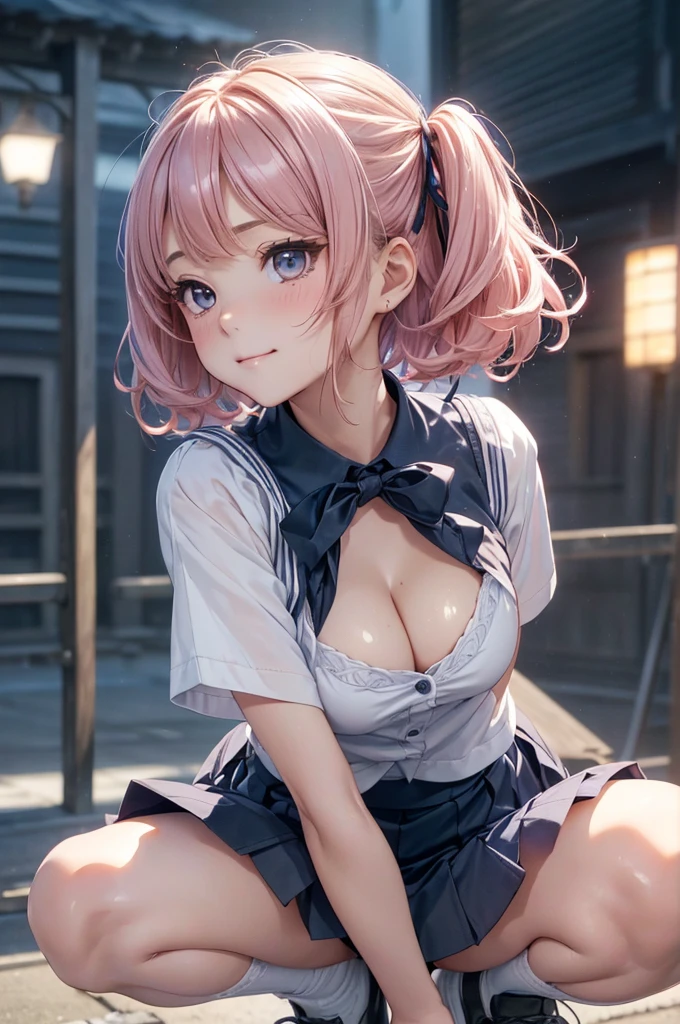 (chibi:1.3)、Absurd, Super detailedな,(In 8K:1.3),Masseter muscle area,(masterpiece:1.2)、(Highest quality)、4K、Super detailed、(Movement Structure:1.4)、(Shining Lights、Atmosphere lighting), High resolution, Best Quality、(One person:1.4),Super detailedな,Bright colors、Treebreak Production Art、(Warm color light source:1.2),High-level image quality、Fine image quality、Intricate details,Volumetric Lighting,Realism BREAK、Profile、 Very beautiful face and eyes, Beautiful images、 Idol face、、(Baby Face:1.4)、natural make up、big eyes、(Big Tits:1.4)、(cleavage :1.3)、(glossy skin :1.5)、 (Schoolyard:1.5)、(squatting:1.5)、(light pink hair,short hair、medium hair、short bang、wavy hair、Red ribbon:1.2)、(detailed clothes features、sailor suit:1.2), dark blue collar, (white shirts:1.2), short sleeve, school, (detailed clothes features、Dark blue miniskirt:1.5)、 (smirk:1.3), (petite:1.4),(detailed clothes features、Cute white panties:1.2),(Spread legs:1.4)