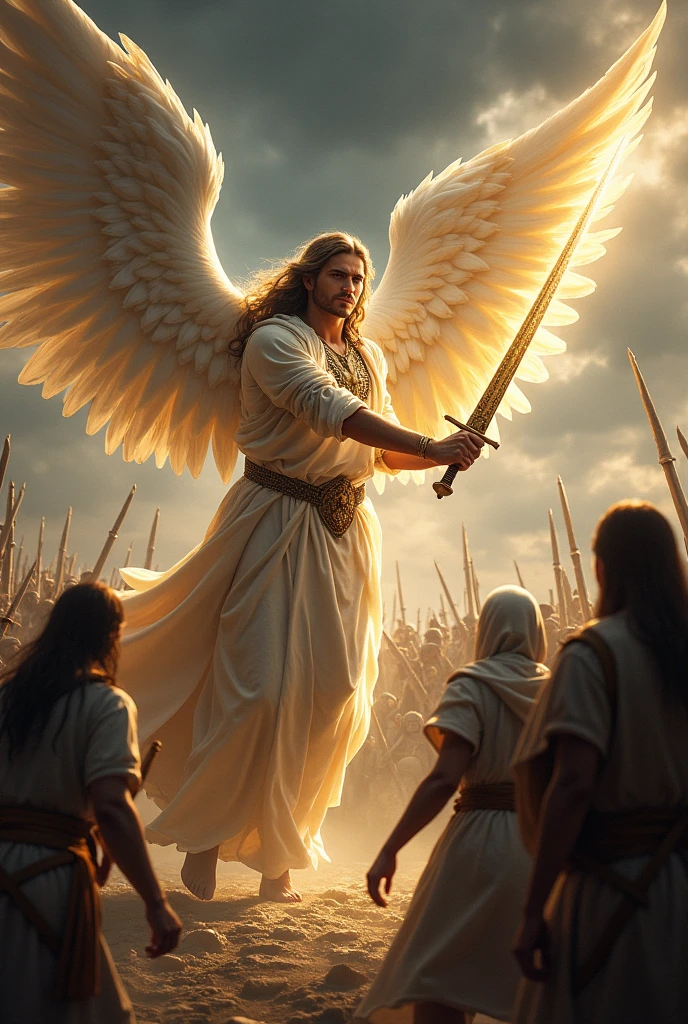 Angel attacking people with his sword