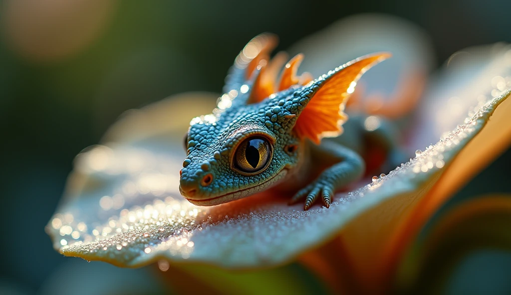 (small fantasy baby dragon resting on a dew-covered petal), ((Miki Asai style macro photography)), hyper-detailed dragon scales within a sharp frame, artstation trends, sharp focus on the dragon's eyes, (ambient photo studio), captured in the fantasy essence of Greg Rutkowski, Natural light, Ultra-fine, dramatic lighting