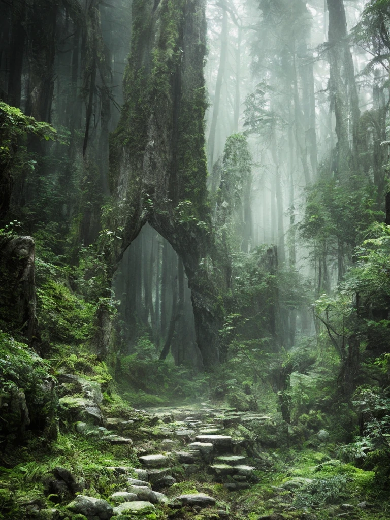 Impressive stone ruins in a dark misty forest, dark fairytale atmosphere, soft light, high chaos, intricate work by Johan Grenier style, Alyssa Monks style