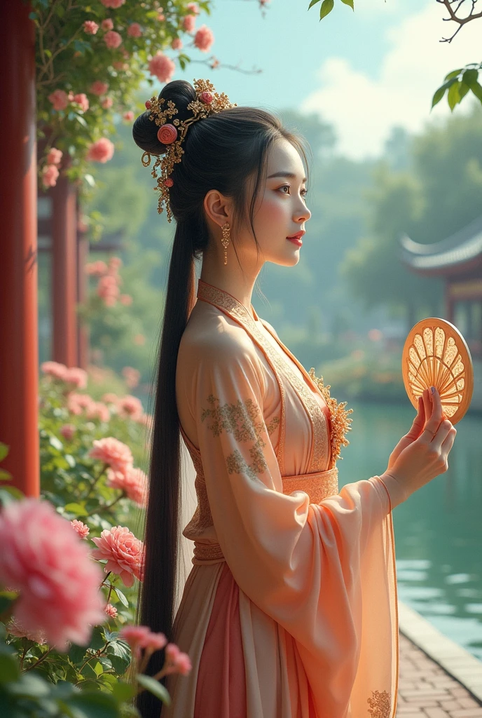 Wearing Han Dynasty palace clothes.Hand-held round fan.Beautiful young woman admiring flowers in the royal garden of the palace.