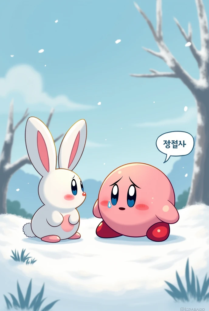 Kirby and Rabbit are talking in the snow. Kirby is crying and there is a speech bubble above Rabbit&#39;s head that says &#39;Dombie&#39; in Korean.