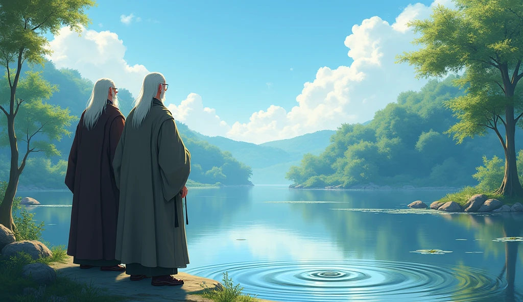 Hiro and Master Koji oldwith white long hair and beard stand side by side, quietly observing the pond as the ripples gradually fade. The water becomes still again, mirroring the surrounding trees and the clear blue sky above. The scene captures the moment of calm returning to the pond, symbolizing the return of peace after disturbances. The soft light of the late afternoon gently illuminates both Hiro's contemplative expression and Master Koji's serene face