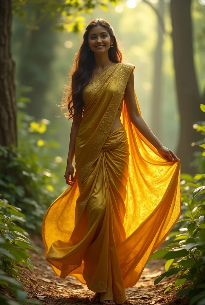 Create a woman wearing golden saree looking beautiful young tall, big boobs, long hair smile face, dancing background forest 
