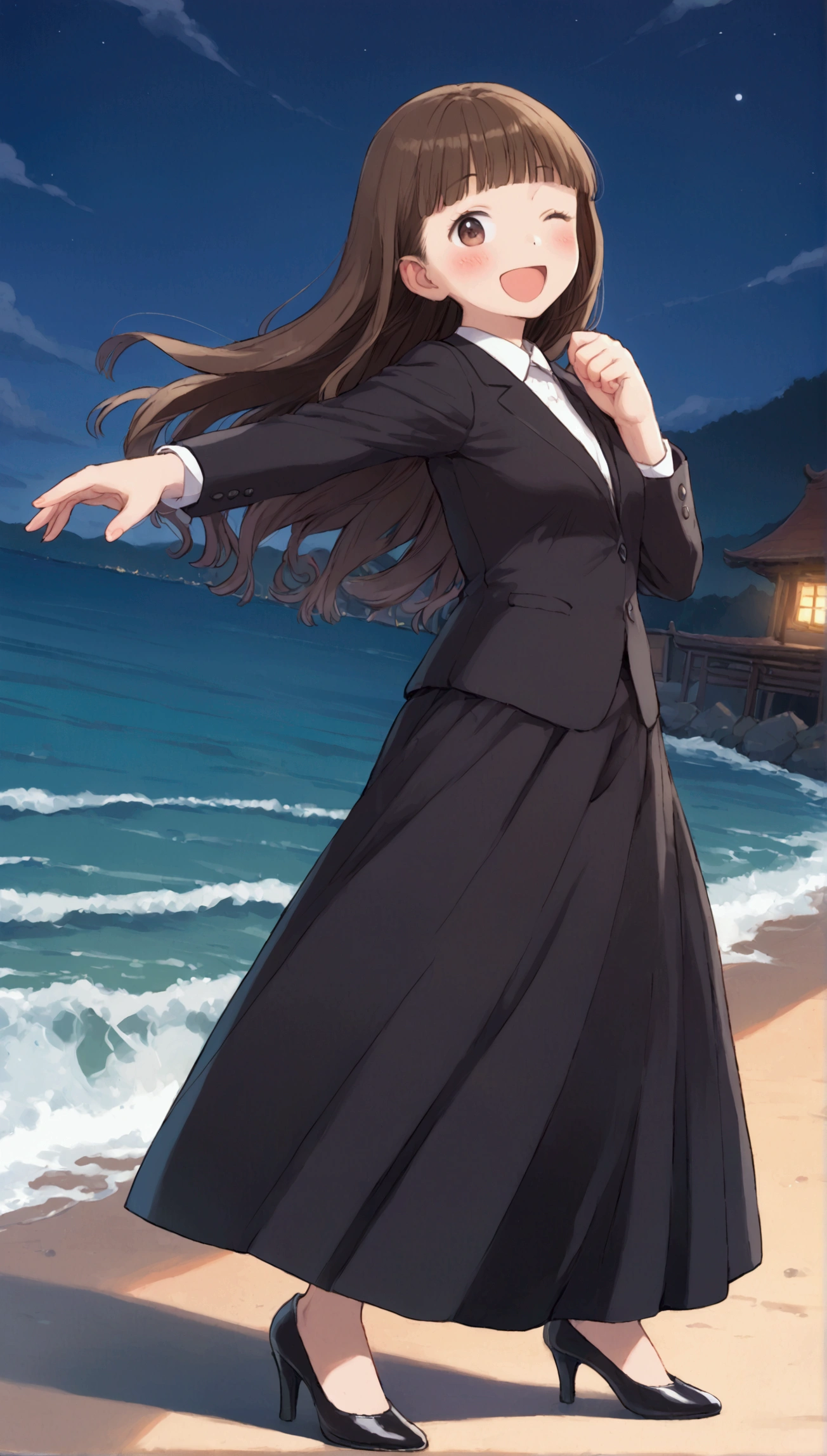 {Highest quality}, {so beautiful},{Ultra-fine},{Best illustrations},Brown Hair,Hime cut,Long Hair,Braiding,One Woman,Standing woman,Strike a Pose,Adult female,smile,Excited face,Wink,OL,suit,Black straight long skirt,Night Festival,blush,thin,Black stiletto heels,From an angle,From behind,Woman with legs closed,Wave with one hand