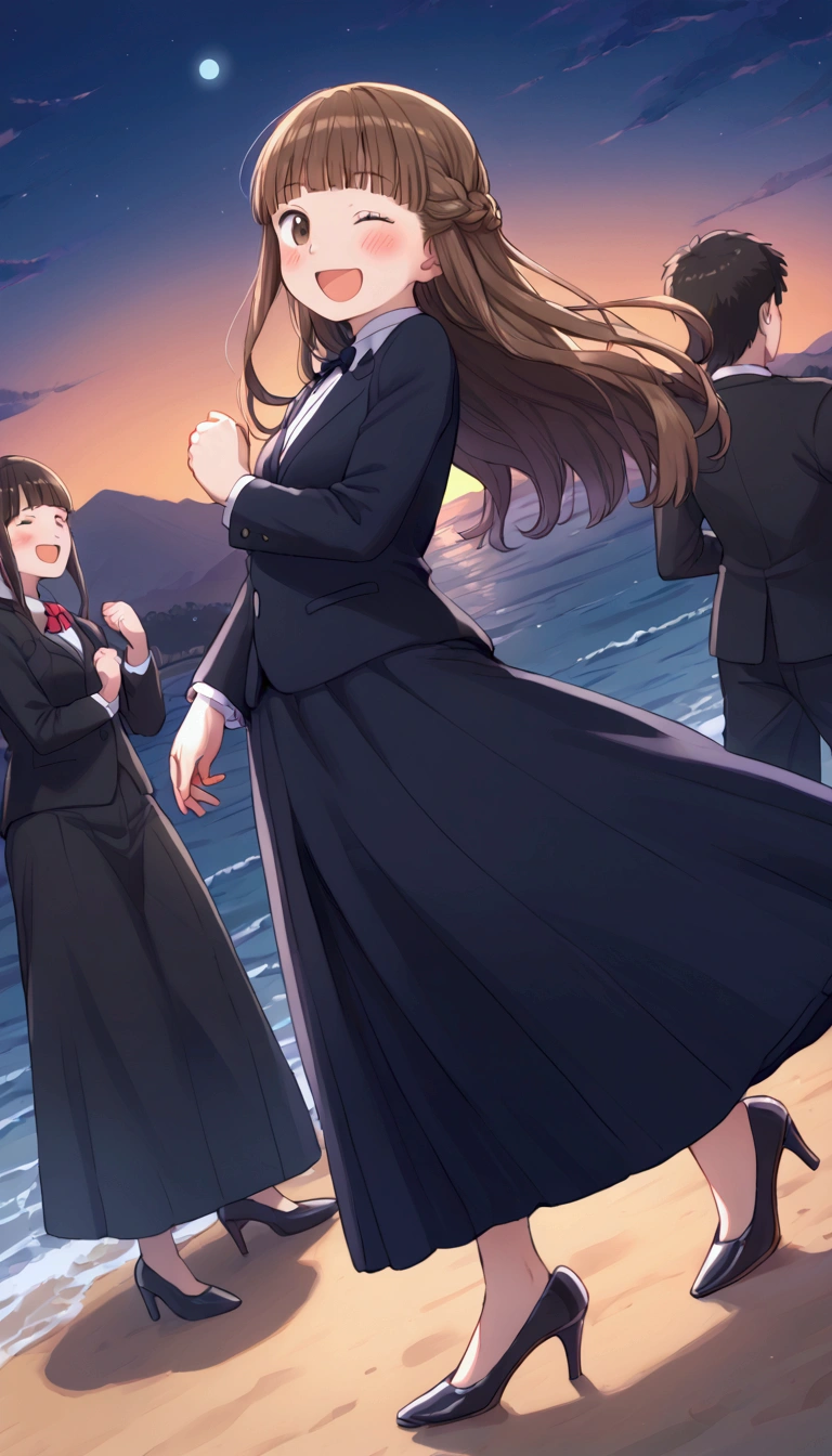{Highest quality}, {so beautiful},{Ultra-fine},{Best illustrations},Brown Hair,Hime cut,Long Hair,Braiding,One Woman,Standing woman,Strike a Pose,Adult female,smile,Excited face,Wink,OL,suit,Black straight long skirt,Night Festival,blush,thin,Black stiletto heels,From an angle,From behind,Woman with legs closed,Wave with one hand