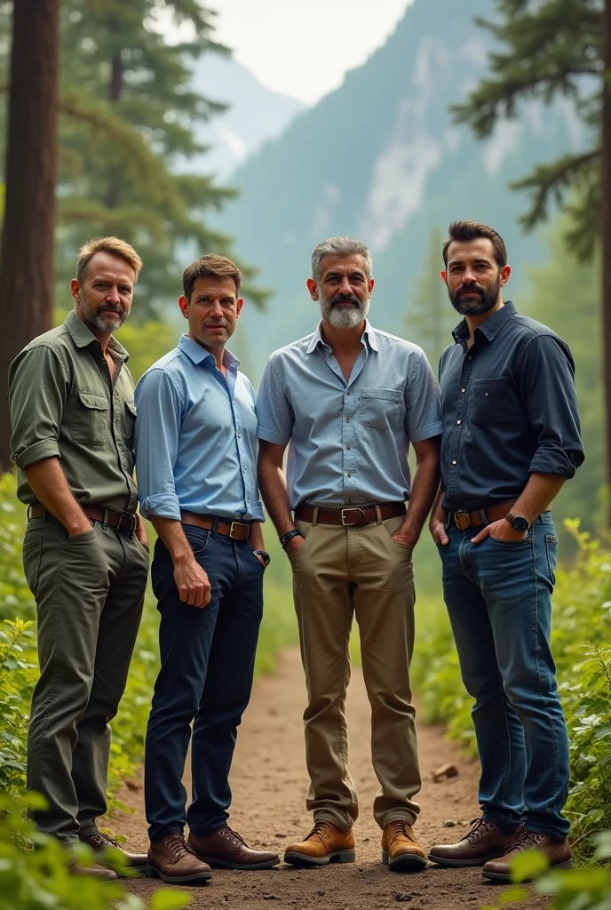 (photorealism:1.2), 4 male, electronics engineer, agile coach, his father is from spain, his mother from guatemala, using goatee, in the outdoors