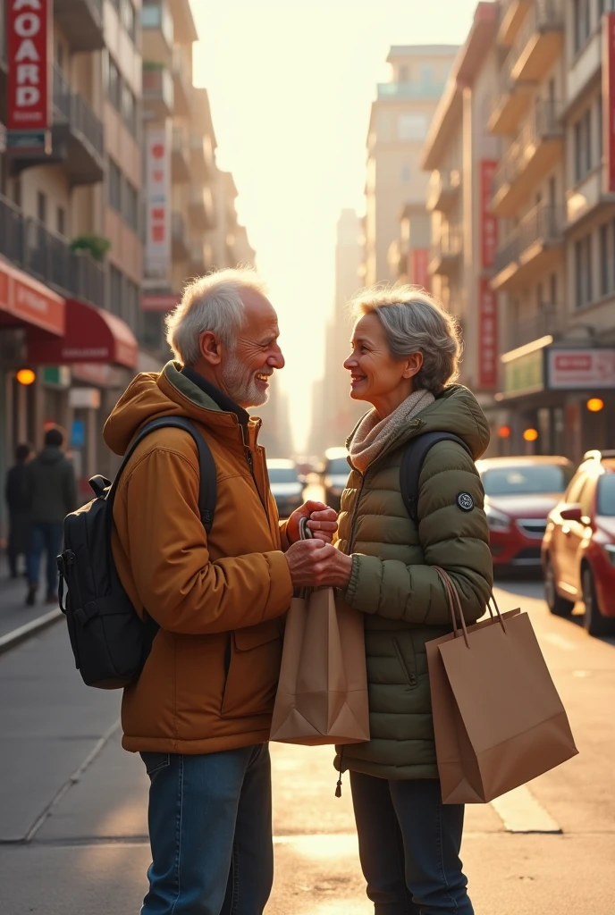 Helping the Elderly: A young person assisting an elderly individual with carrying groceries, their faces showing mutual appreciation and warmth, set against a bustling city street.