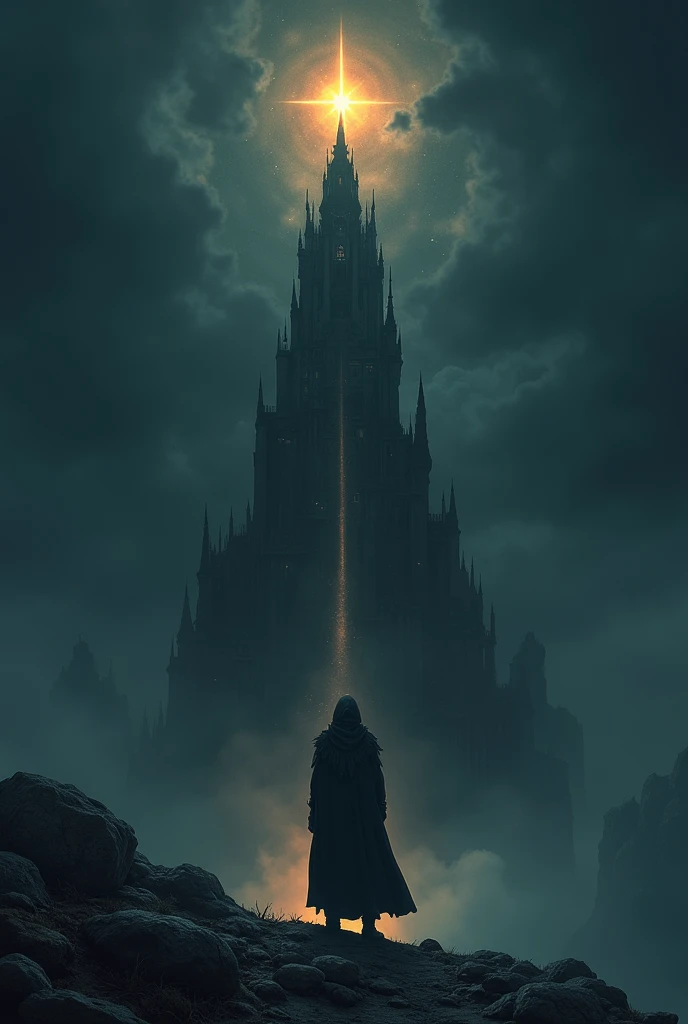 A bright star at the end of a tall tower surrounded by darkness and a hooded person under the tower watching the abyss to climb up