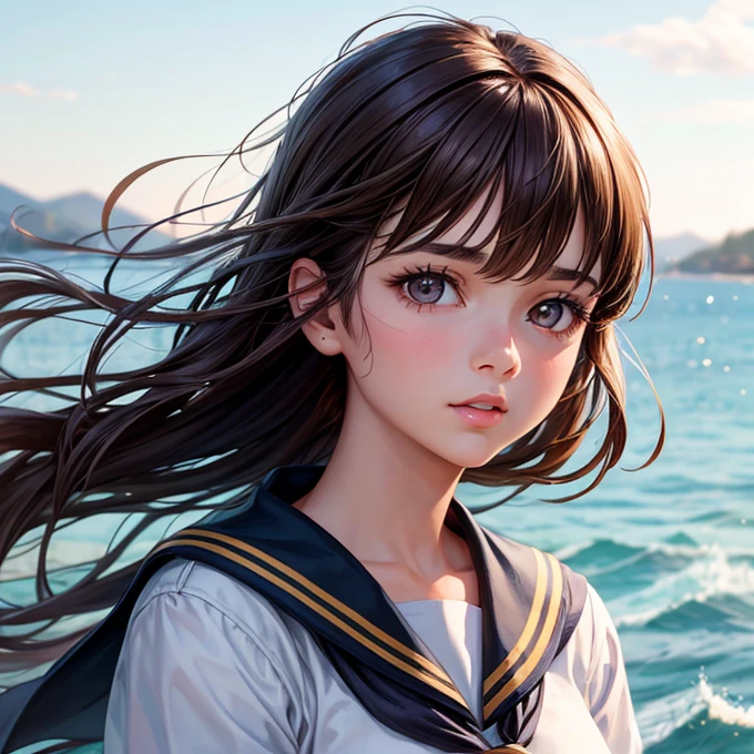 Highest quality, work, (Realistic: 1,2), 1 girl, Brown Hair, Brown eyes, front, Detailed face, Beautiful Eyes　Boyish Woman　Sailor suit　