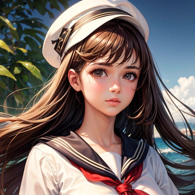 Highest quality, work, (Realistic: 1,2), 1 girl, Brown Hair, Brown eyes, front, Detailed face, Beautiful Eyes Boyish Woman Sailor suit