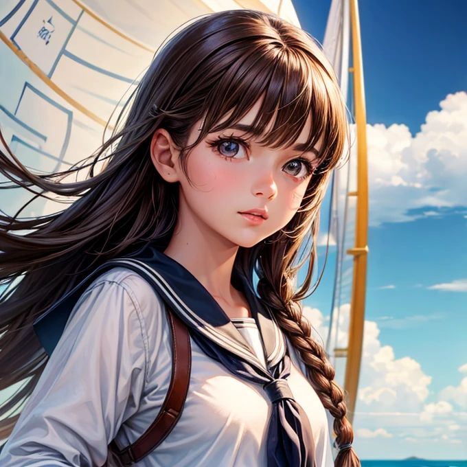 Highest quality, work, (Realistic: 1,2), 1 girl, Brown Hair, Brown eyes, front, Detailed face, Beautiful Eyes Boyish Woman Sailor suit
