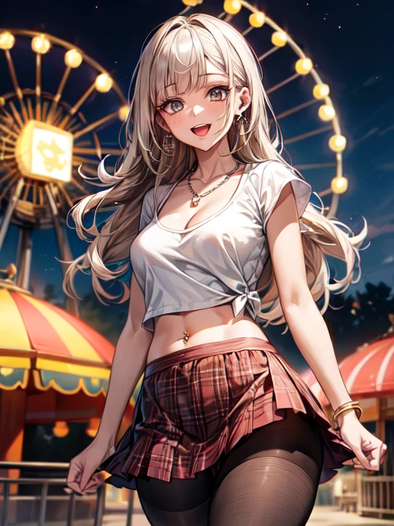 ((masterpiece, Highest quality, Very detailed)), anime CG,
One girl, 20 years old, gyaru, gyaru-style makeup, BREAK ((brown skin:1.3)), ((tanned skin:1,3)), ((blonde)), Long Hair, blunt bangs, wavy Hair, BREAK ((grey eyes:1.3)), ((slant eyes:1.3)),((thick thighs)), medium breasts,
((lots of pierced earrings, silver chain necklace, silver bracelet)),
((bare belly button, belly piercing)),
BREAK looking at viewer, cowboy shot, evil smile, ((open mouth)), ((tongue out)), contrapposto, arms behind back,
BREAK she is dressed like a punk rocker, (wearing a white t-shirt with a rock band print), (leather jacket), (cleavage), BREAK (red tartan mini skirt), (pantyhose ),
BREAK night scene, starry sky, brightly lit amusement park, colorful parade, twinkling lights, ferris wheel, roller coaster silhouettes, festive atmosphere, magical illumination, crowded pathways, fireworks in distance, full moon, glowing carousel, cotton candy stands, excited visitors, whimsical decorations, sparkling fountains,
