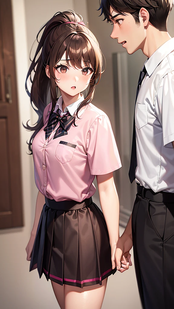 Best Quality,
High school girl and boy couple,
brown hair,
brown eyes,
ponytail,
School uniform,
Pink Collared shirt,
Black checkered short skirt,
black thigh-high socks,
blurry background,
lips,
forehead,
realistic,
nose,