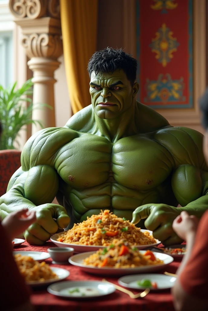 Hulk sitting and eating biriyani with friends
in a hotel in India