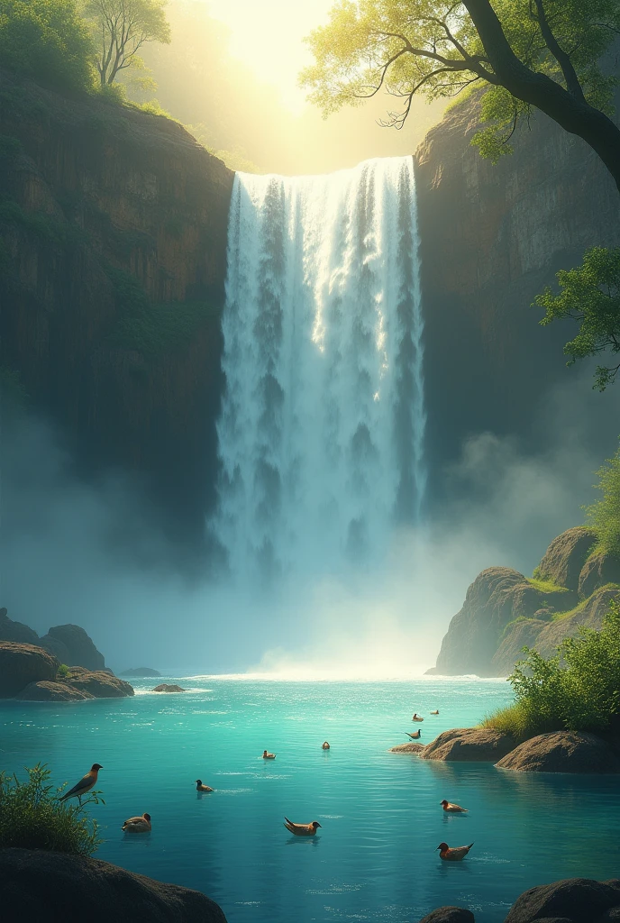 Fantastic waterfall。The morning sun is beautiful and small birds are flying。unmanned。A gorgeous bedroom in a mysterious space