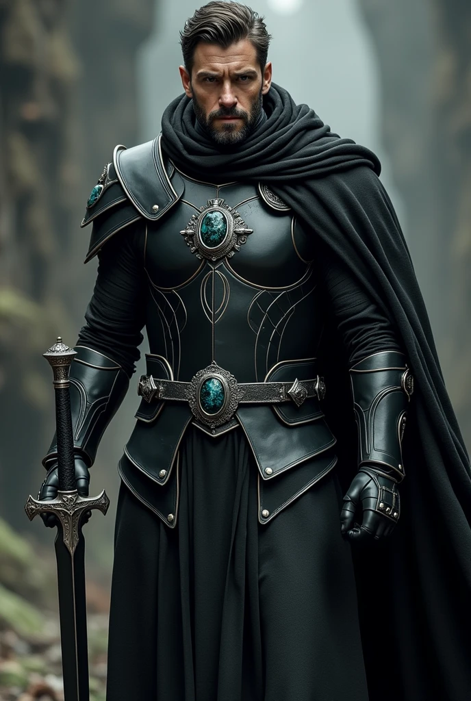 A man dressed in a suit of all-black leather armor, holding a black sword and above the leather garment rests below his neck a silver amulet with an oval pendant and in the center of the pendant a black mystical stone with dark green and dark blue details has the design of a vertical sword with the blade facing down.