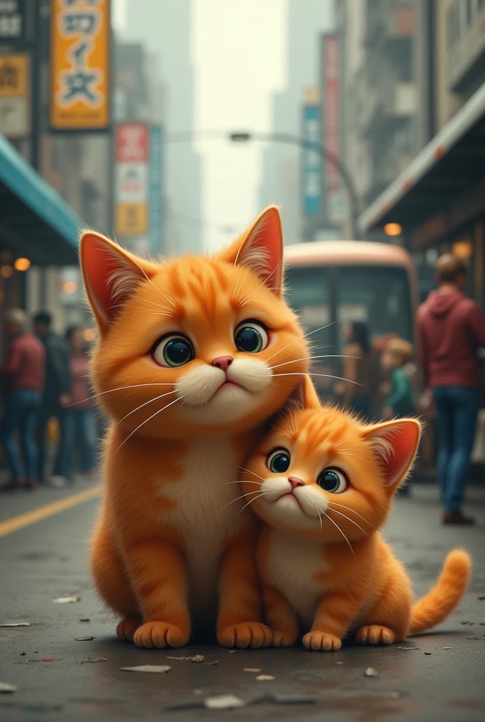 Create visual prompts or storyboards about a sad story of "an orange Realistic chubby cat traveling with his chubby orange kitten from the bus station to a bus crash. I will use the Storyboard to generate Visuals in Bing AI. Here’s the outline of the story;