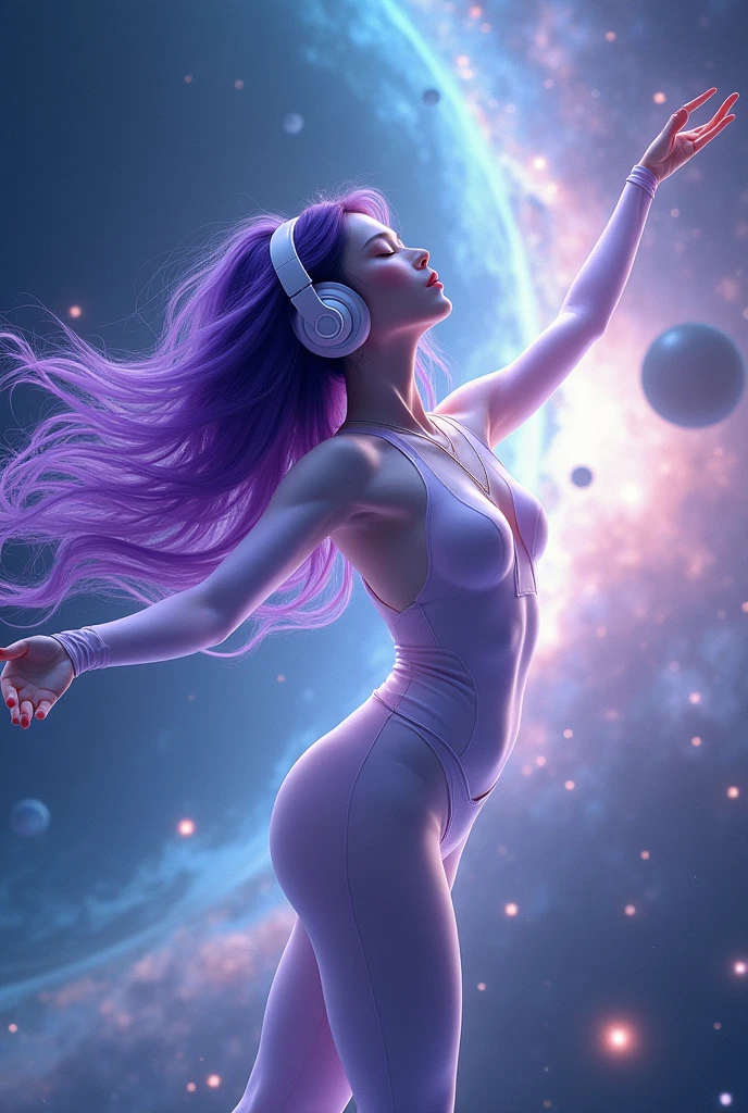 Korean purple hair butterfly woman with headphone in galaxy with universe transparent cosmic dust suit perfect full body realistic appear flying planets 