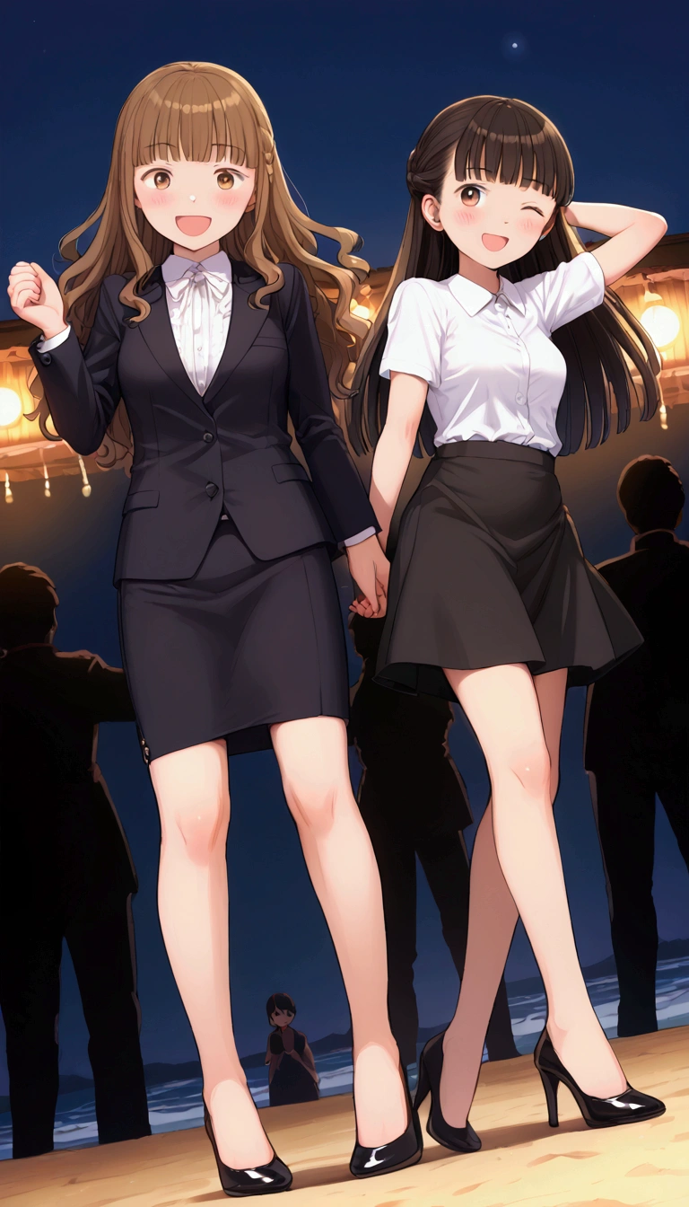{Highest quality}, {so beautiful},{Ultra-fine},{Best illustrations},Brown Hair,Hime cut,Long Hair,Braiding,One Woman,Standing woman,Strike a Pose,Adult female,smile,Excited face,Wink,OL,suit,White Shirt,Short sleeve,Black straight long skirt,Night Festival,blush,thin,Black stiletto heels,From an angle,Woman with legs closed,Wave with one hand