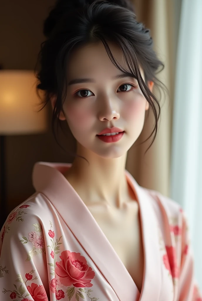 （Highest quality、Tabletop、8k、Highest quality、Award-winning works）、（27-year-old Japan beauty：1.1）、（The proprietress of a luxury inn：1.1）、（Elegant pink floral print kimono： 1.2)、(Kimono that shows the chest:1.3)、(Big cleavage:1.5)、(Open chest:1.3)、(large soft breasts:1.3)、(Big cleavageが露出:1.3)、Perfect beauty portrait、Glowing Skin、Standing Elegantly、(Blurred elegant luxury hotel background:1.3)、(The most natural and perfect tidy luxury inn background:1.2)、(The most moody and romantic:1.2)、(Tyndall effect:1.1)、Great cinema lighting、(The most atmospheric and warm lighting:1.1)、Glowing White Skin、Very white skin、(Accentuates body lines:1.1)、(The most graceful posture:1.2)、Perfect, beautiful and glossy lips、(Accurate anatomy:1.1) 、(Perfect and elegant outfit:1.1)、(Standing with good posture:1.1)、(Close-up of face:1.2)、Hair Bun、Perfect classy makeup、Beautiful glossy lips、Glowing, beautiful, flawless skin、Sexy Japanese beauty、(A slight smile full of sex appeal:1.1)、(A charming 2 beauty:1.1)、(A charming smile:1.1)