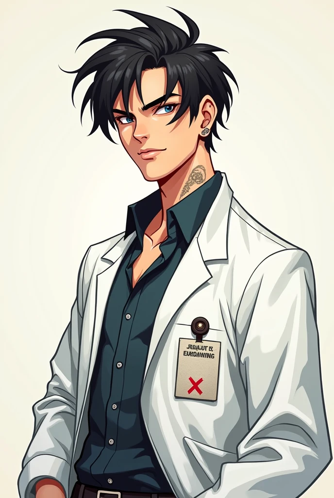Request a picture of a 2D male pharmacist with a middle-parted haircut and a age bad boy look.