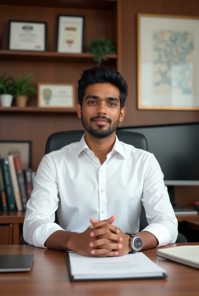 A tamilnadu young polititian wear white shirt and sitting in office