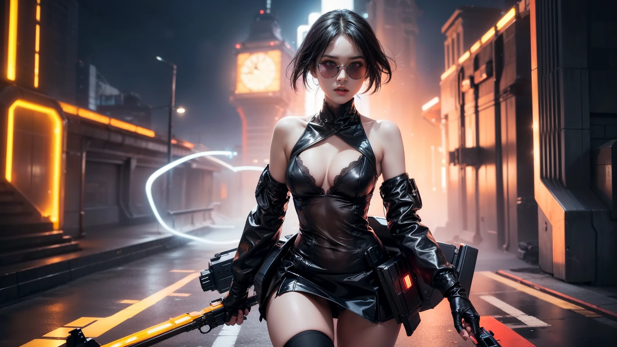 (Wide angle view). Blade Runner style futuristic city, simple outlined transparent neon tall buildings, glowing giant clock tower, flying cars, helicopter, lightning, 3D rendering Beeple. At night, (1girl, solo, alone), photorealistic, medium-breast slim:0.6 body, oval:0.6 face, cleavage:1.1, sexy black laced bra, glove, deep-V, (very low angle view of miniskirt), white laced panty, coat, (Matrix style black micro sunglasses), ((aiming viewer with a short gun)), (running pose), (half-body thigh level close-up shot), cinematic lighting, ray tracing.