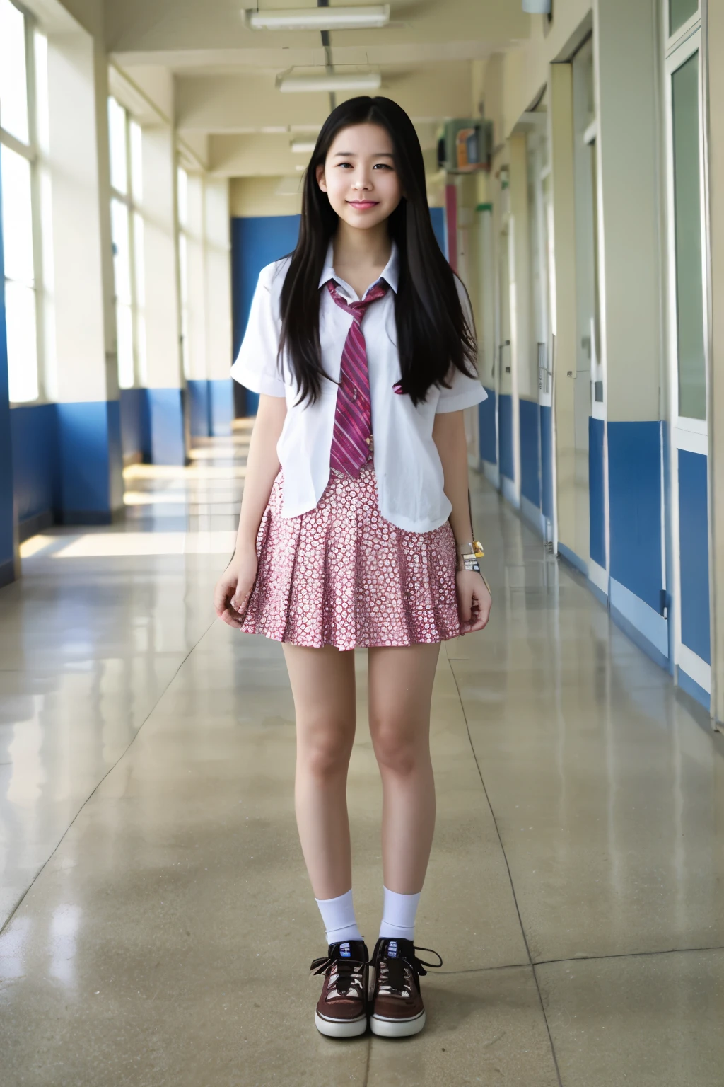 Standing alone in an empty school hallway、High school girls、Summer clothes、Long black hair、Cute Face、miling、Full body portrait