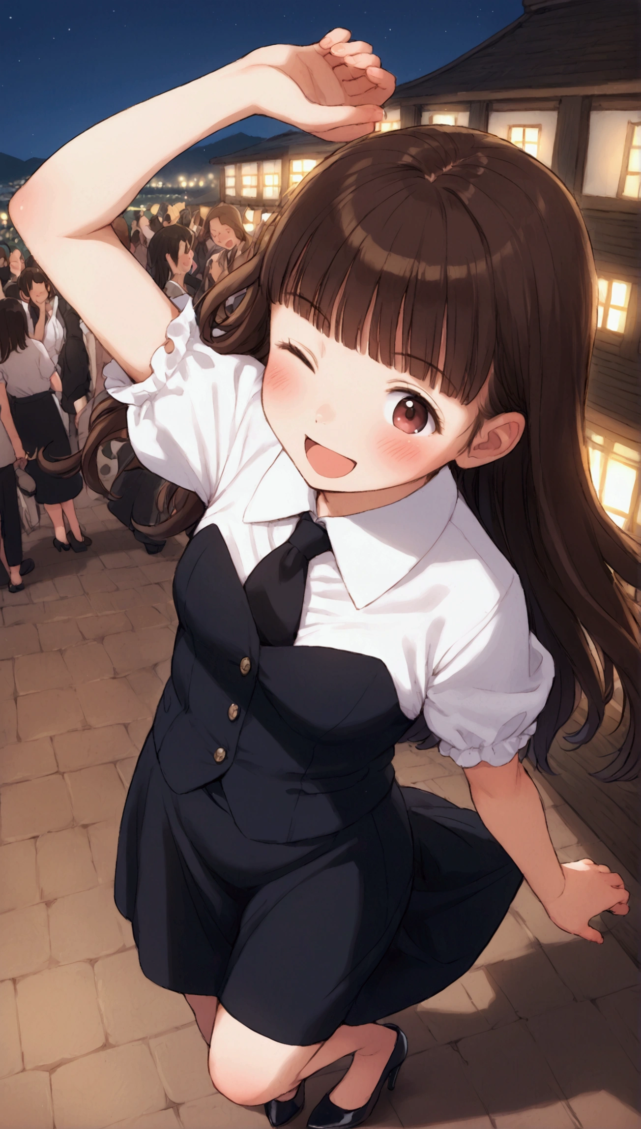 {Highest quality}, {so beautiful},{Ultra-fine},{Best illustrations},Brown Hair,Hime cut,Long Hair,Braiding,One Woman,Standing woman,Strike a Pose,Adult female,smile,Excited face,Wink,OL,suit,White Shirt,Short sleeve,Black straight long skirt,Night Festival,blush,thin,Black stiletto heels,From above,Woman with legs closed,Wave with one hand