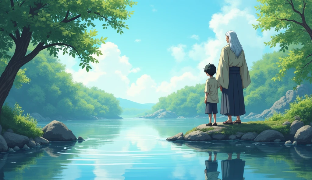 Hiro a young boy and Master Koji old with white long hair and beard stand side by side, quietly observing the pond as the ripples gradually fade. The water becomes still again, mirroring the surrounding trees and the clear blue sky above. The scene captures the moment of calm returning to the pond, symbolizing the return of peace after disturbances. The soft light of the late afternoon gently illuminates both Hiro's contemplative expression and Master Koji's serene face
