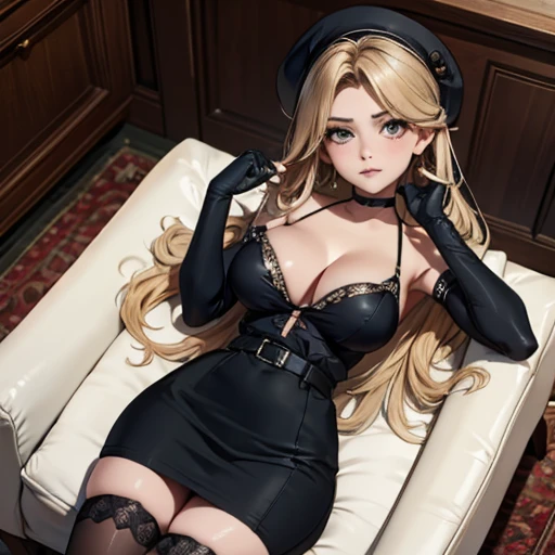 lying on sofa, sideways back, (view from above), de bruços, empinando a bunda, top view, (masterpiece, best quality:1.4), absurdres, highres, ultra detailed, beautiful, (secretary), (perfect face, detailed face, beautiful:1.3),(natural breasts, cleavage), collarbone, fingerless gloves, gloves,spaghetti strap top, black pencil skirt, tight, over the knee skirt, hat, elegant secretary outfit, thighhighs, thick thighs, thighs, multiple belts, More detailed 8K.motor irreal:1.4,UHD,La mejor calidad:1.4, fotorrealista:1.4, textura de la piel:1.4, obra maestra:1.8,obra-prima, mejor calidad,objeto Objeto], (detailed face features:1.3),(manos detailed)