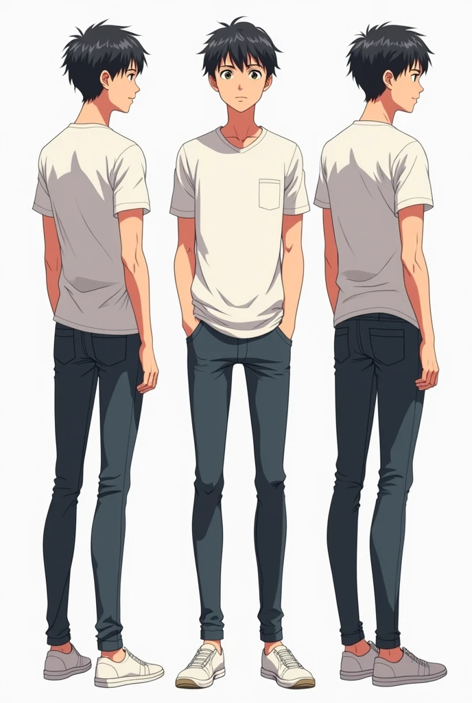 different angles of a slim male anime character full body