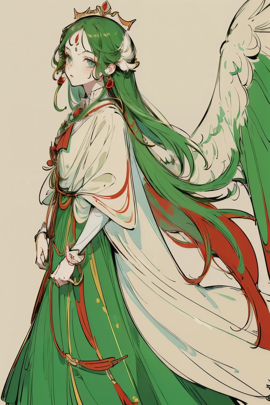 (Designed by nty:1.4),Upper body portrait of a girl,Green and red colorful, colourful, Yoshitaka Amano character setting,solo,Angelic, Symmetrical Beauty, Angel Wings, Gorgeous long skirt, stand up, (((solo))), Color matching，Clear facial features, Clean lines design, Magic Elements, future technology, ((tarot card background)), Standing figure, ((Flat color)), (masterpiece，Top quality，Best quality，Ultra-high resolution), ((Exquisite facial features，Clear facial features，beautiful eyes，Beautiful face)) ,(32k wallpaper),