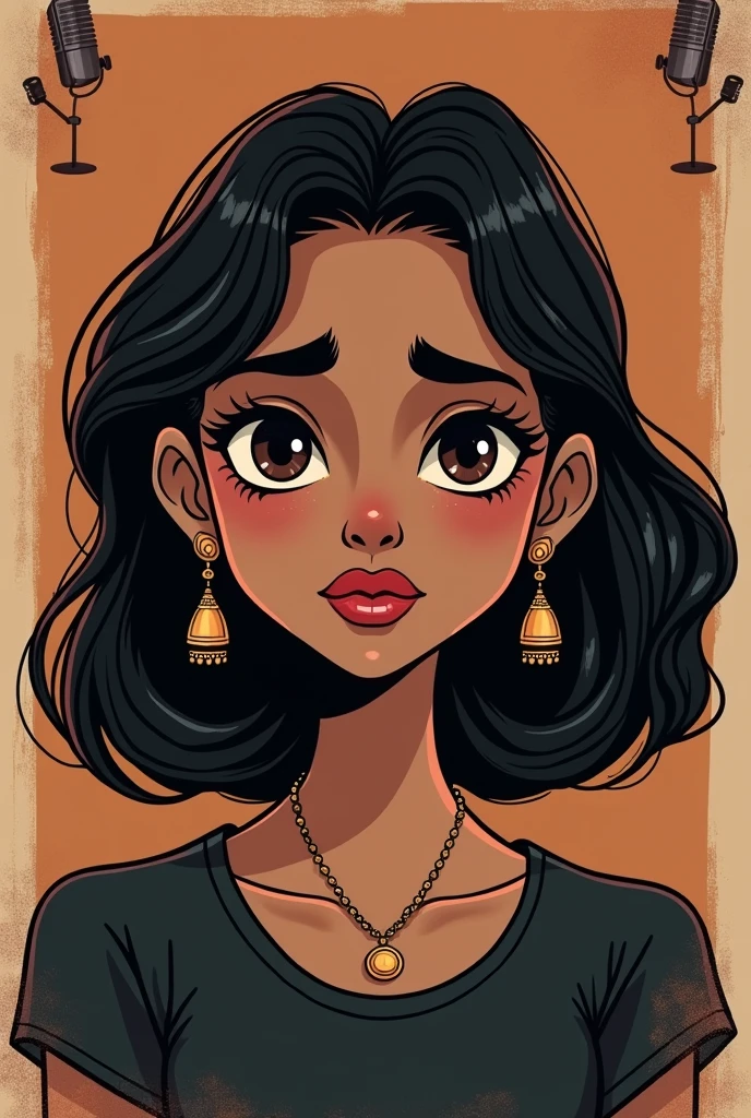 a desi touch, a brown girl with medium thick eyebrows, small downturned light btown eyes, light skin, small nose, small but heavy lower lip and dark shirt hair with jhumka earrings minimal alt clothing and desi background and icon picture for a podcast with a girl and a mic tim-burton cartoonish simple style with dark circles and eye bags should not look like anime but more gothic tim burton, she should not be too skinny either and minimal makeup lipstick shoikdnt be too dark and backgroind should be broader and more desi and podcast themed wallapaper