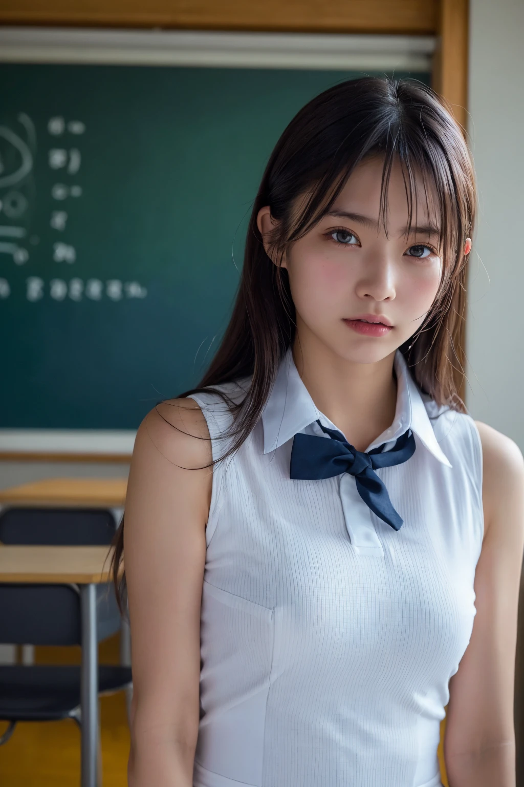 (Highest quality:1.4),(masterpiece:1.4),(Realistic:1.4),(Realistic:1.2),(超High resolution, RAW Photos:1.4),(High resolution, Ultra-detailed:1.2),(8k:1.2),Cinematic photography,a photo of a dark-haired,One girl,alone,Wearing school uniform,((Japanese Classroom))、((Upper Body:1.3))