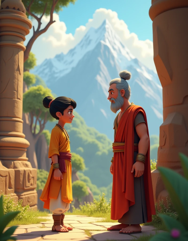Generate in cinemetic 3d cartoon**Reflect on a time when the presence of a prominent mentor or advisor affected your approach to a complex task or decision. What was the outcome?**in Mahabharat time pictures