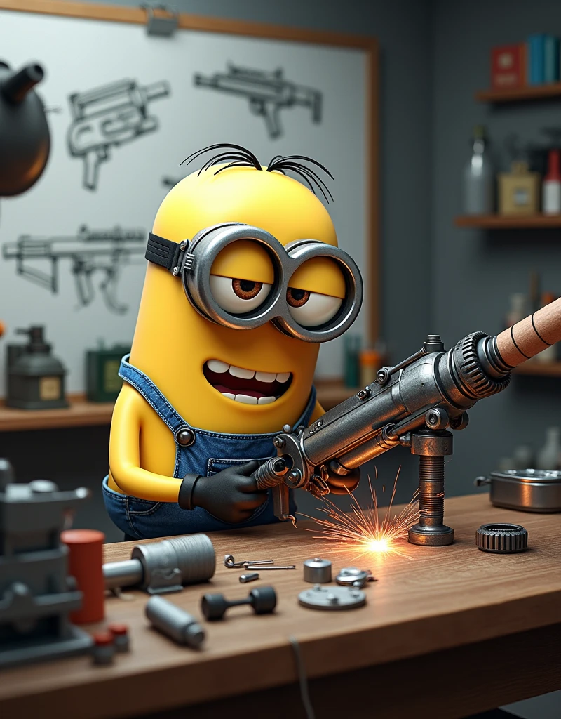 Minion Kevin is working hard at a lab table full of scientific tools and accessories.. The whiteboard behind has weapon design sketches.. Kevin is highly focused., hands move quickly, weld and assemble components to build a large weapon, complicated.