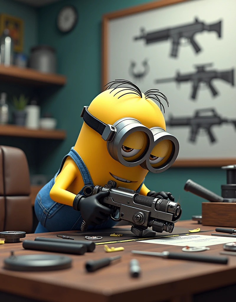 Minion Kevin is working hard at a lab table full of scientific tools and accessories.. The whiteboard behind has weapon design sketches.. Kevin is highly focused., hands move quickly, weld and assemble components to build a large weapon, complicated.
