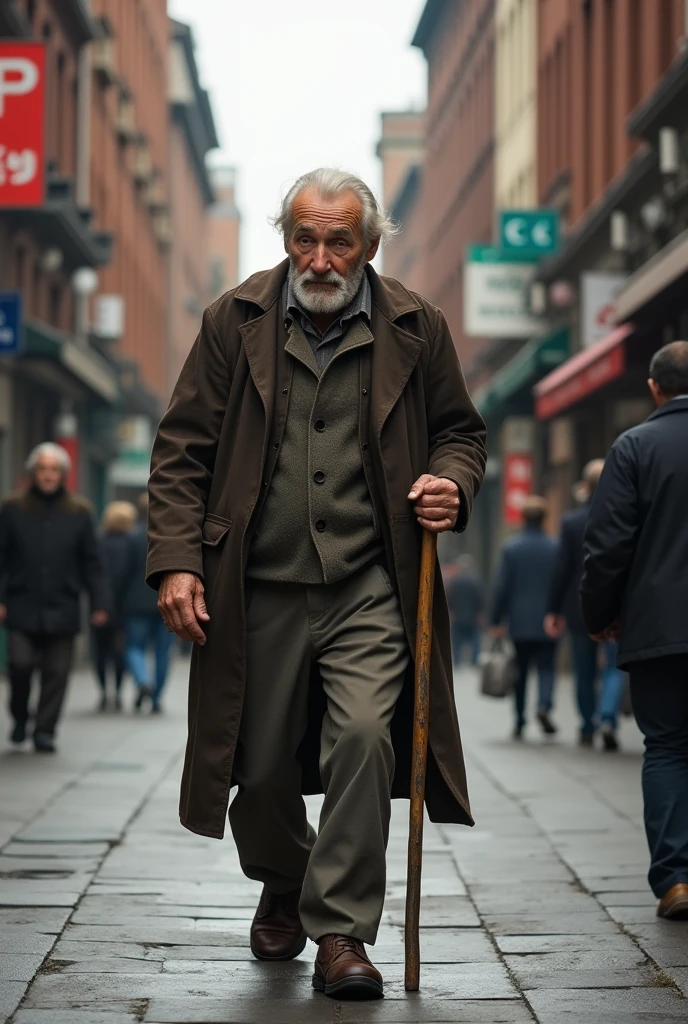 Old man walking on the street with hand stick