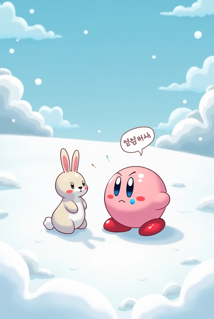 Kirby and Rabbit are talking in a snow field. Kirby is crying and there is a speech bubble above Rabbit's head that says 'Dombaibo' in Korean.