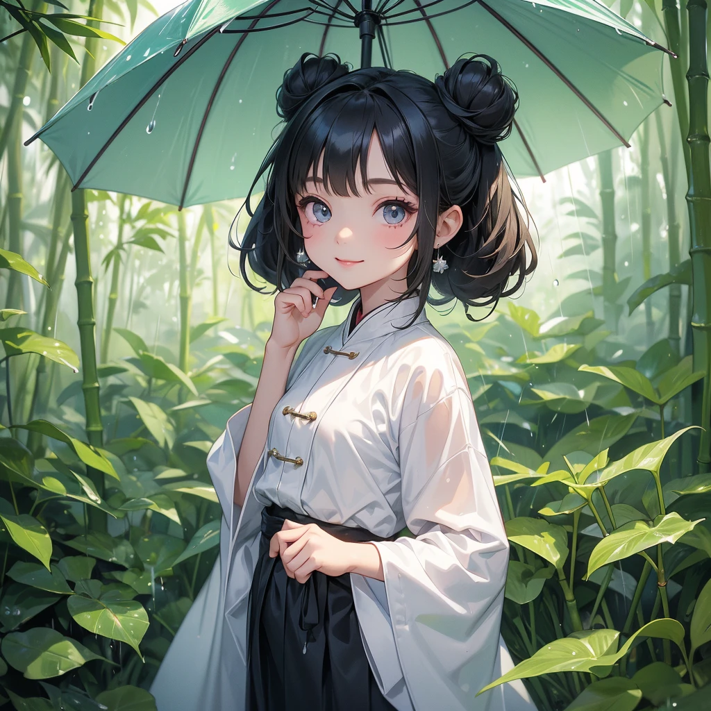 A chibi child girl had a small face and Wearing white little Taoist priest's outfit. A pair of big round eyes shone with curiosity about him. This child was so cute! ,her hair is black with two buns on her hair.small chibi, chibi baby, smiling,The little chibi baby looked up with his chest raised, and his face was old and proud.
The back is a lush green bamboo forest. The air after rain has water droplets splashing around.
Stand holding an umbrella to protect from the rain. Rain fell and splashed around. There are water droplets falling on the leaves in the surrounding area, green and moist, the atmosphere after rain.